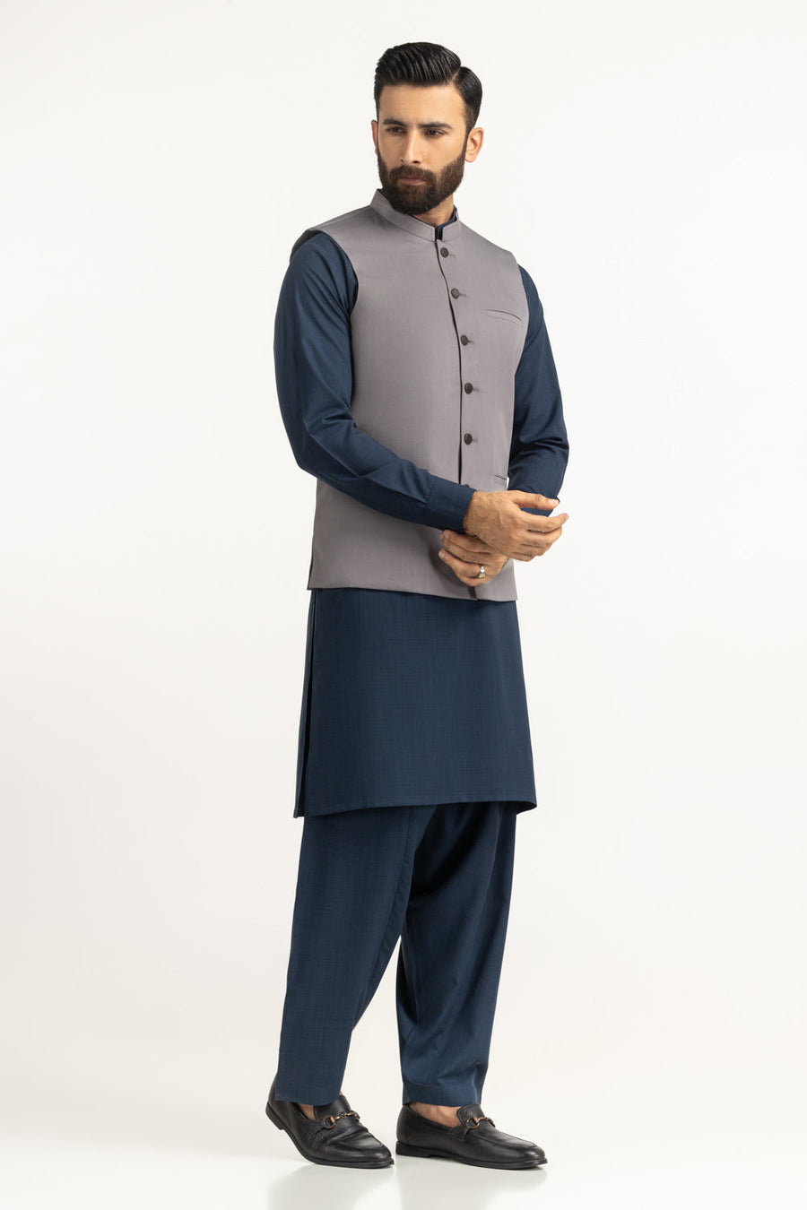 Slate Grey Silk Cashmere 2-Piece Waistcoat | Mandarin Collar