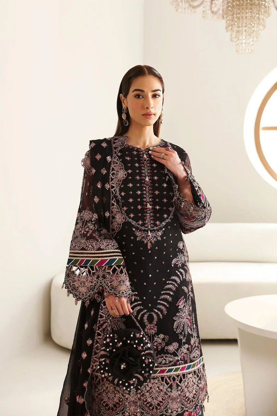 Mona Black Embroidered Chiffon Suit with Printed Wide-Leg Trousers | Stitched & Unstitched