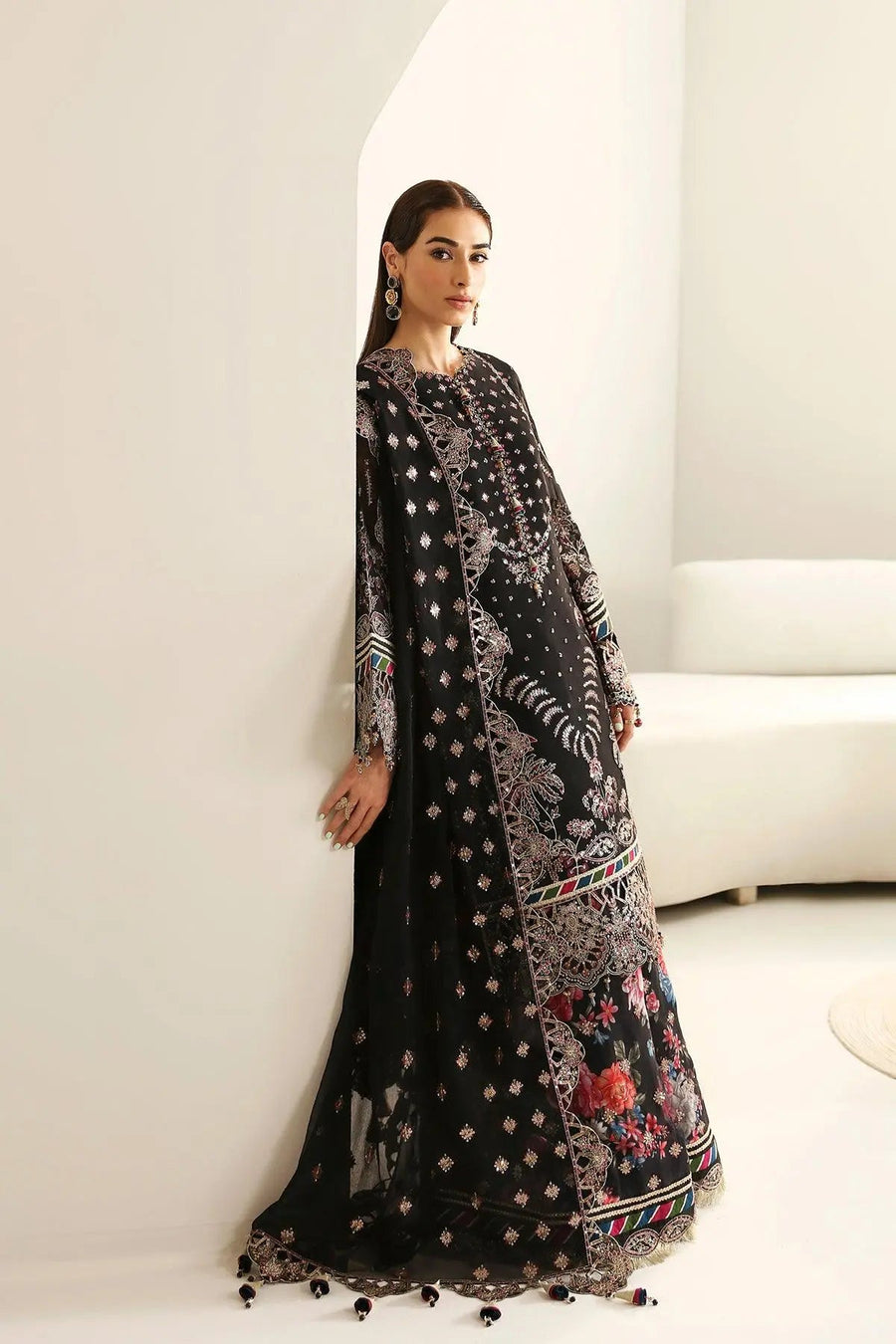 Mona Black Embroidered Chiffon Suit with Printed Wide-Leg Trousers | Stitched & Unstitched
