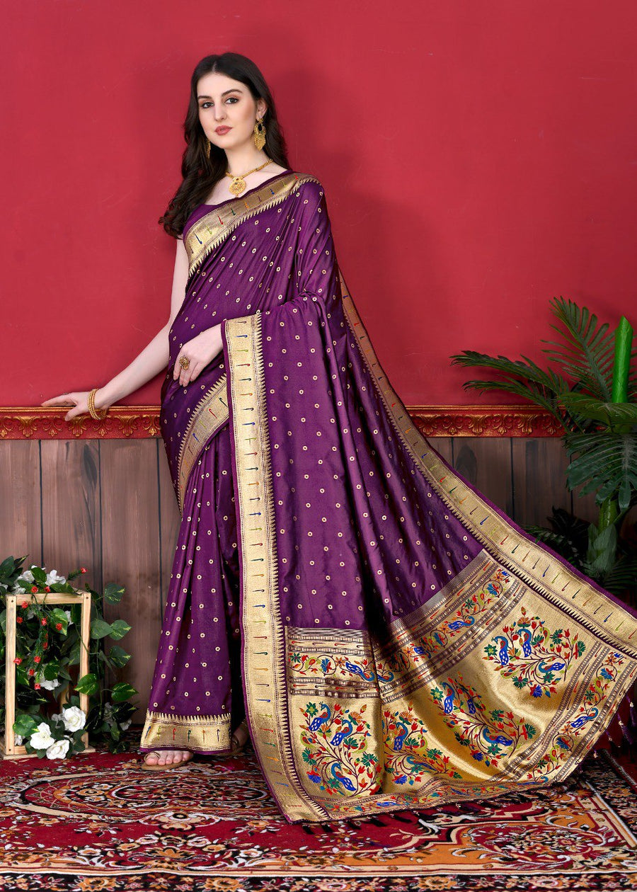 Glowing Purple Paithani Silk Saree With Ethnic Blouse Piece - Pehnaawaa