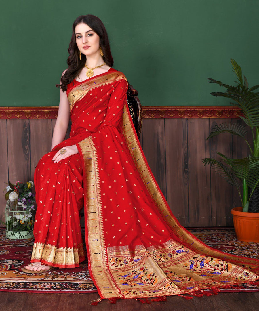Beautiful Red Paithani Silk Saree With Ethnic Blouse Piece - Pehnaawaa