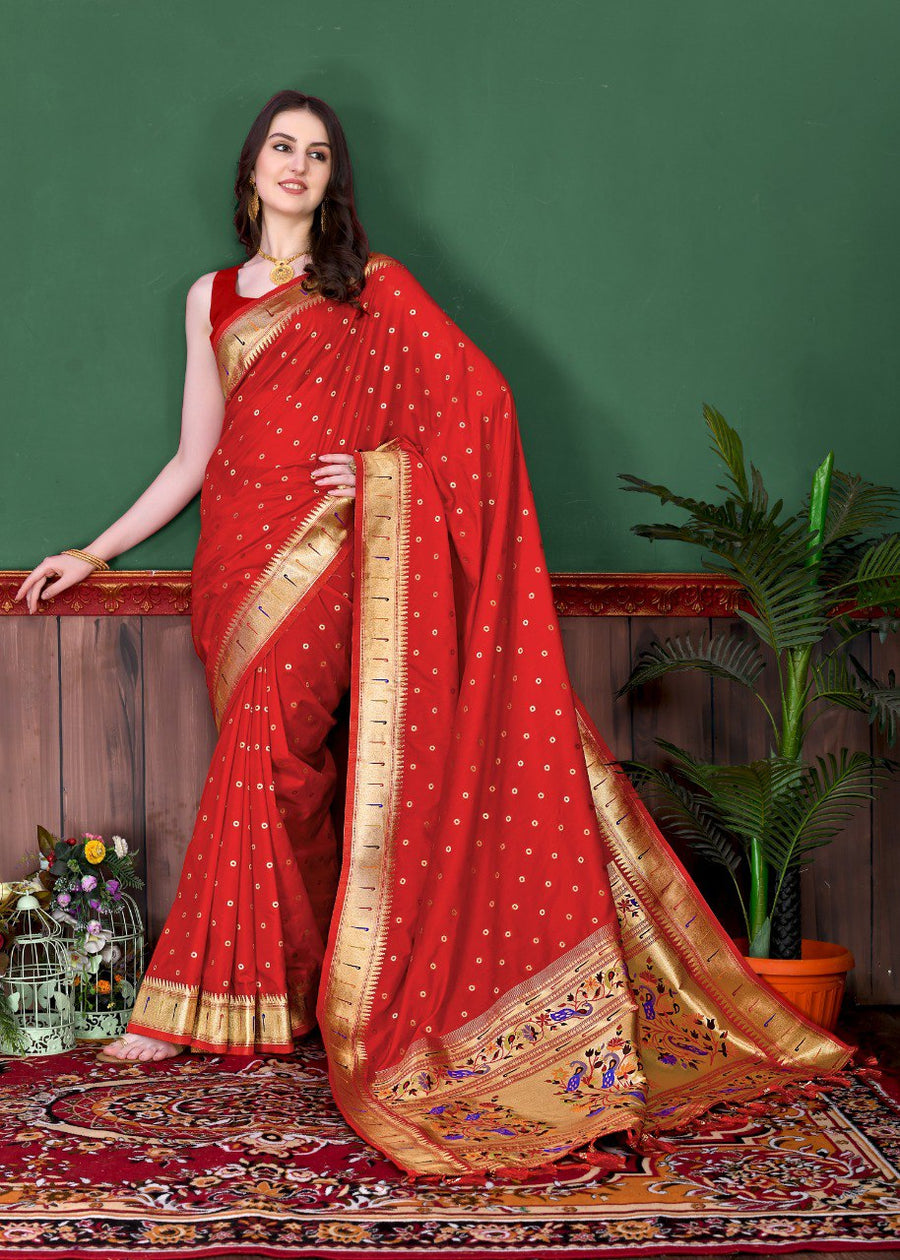 Beautiful Red Paithani Silk Saree With Ethnic Blouse Piece - Pehnaawaa