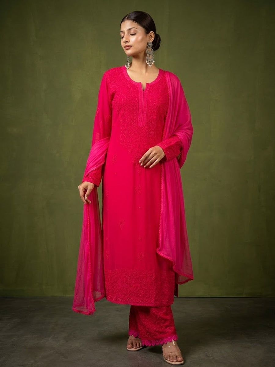 Nida Viscose Chikankari Straight Kurta Set with Dupatta -Hot Pink