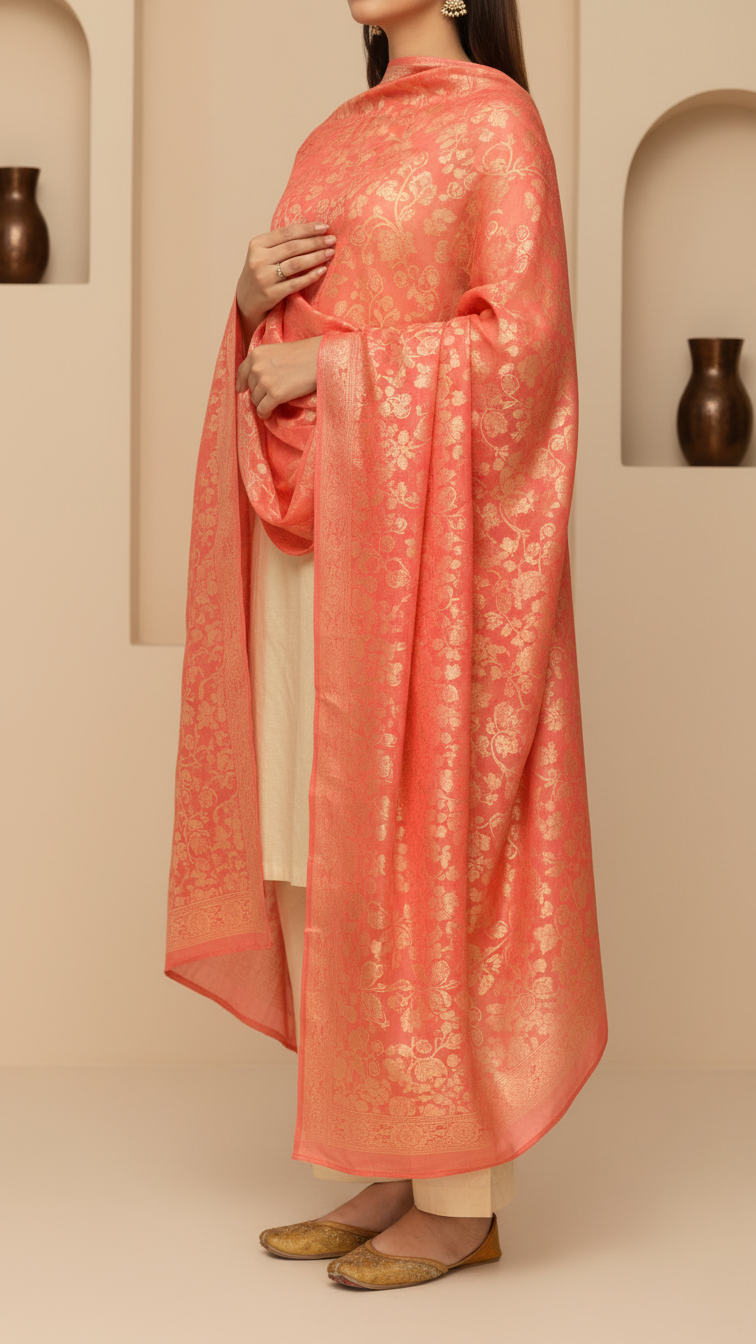 Woman draped in an elegant coral cotton silk dupatta with intricate gold floral motifs, paired with neutral outfit and gold footwear.