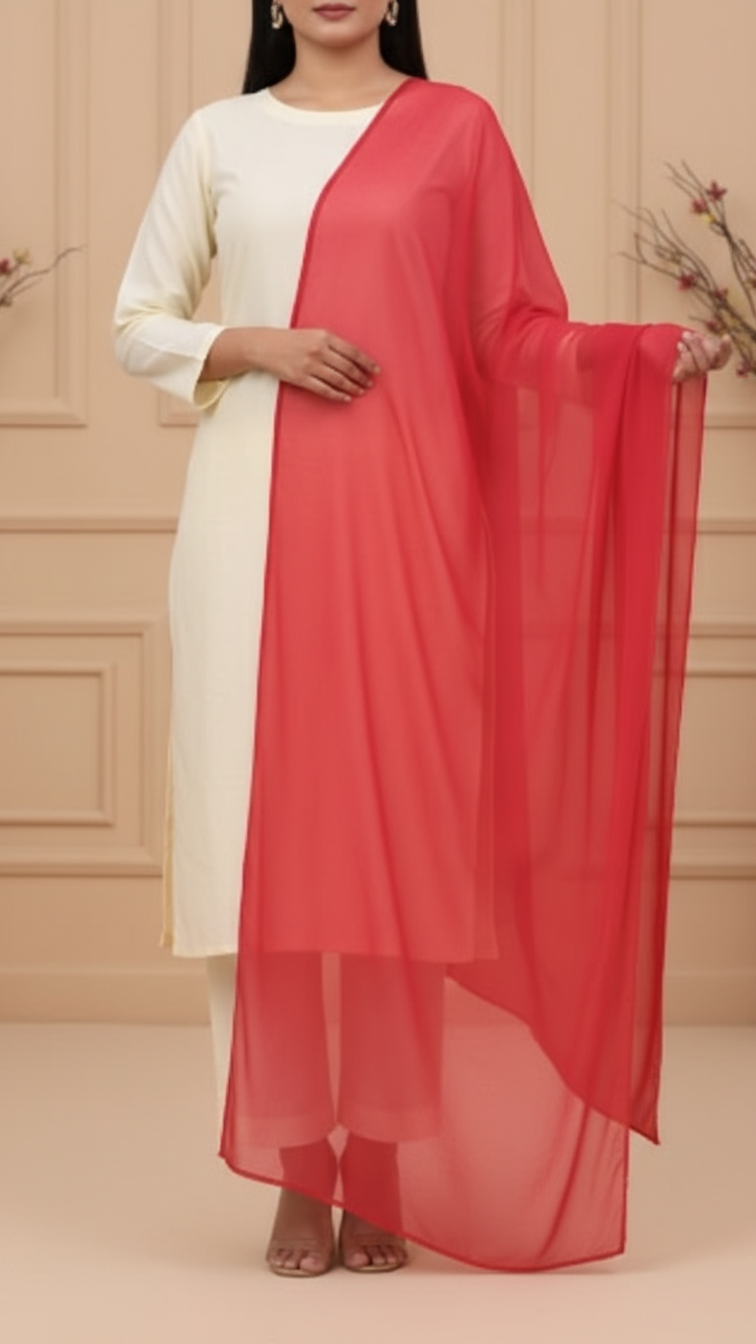 Woman wearing a vibrant coral red plain chiffon dupatta draped over a cream outfit in a formal setting