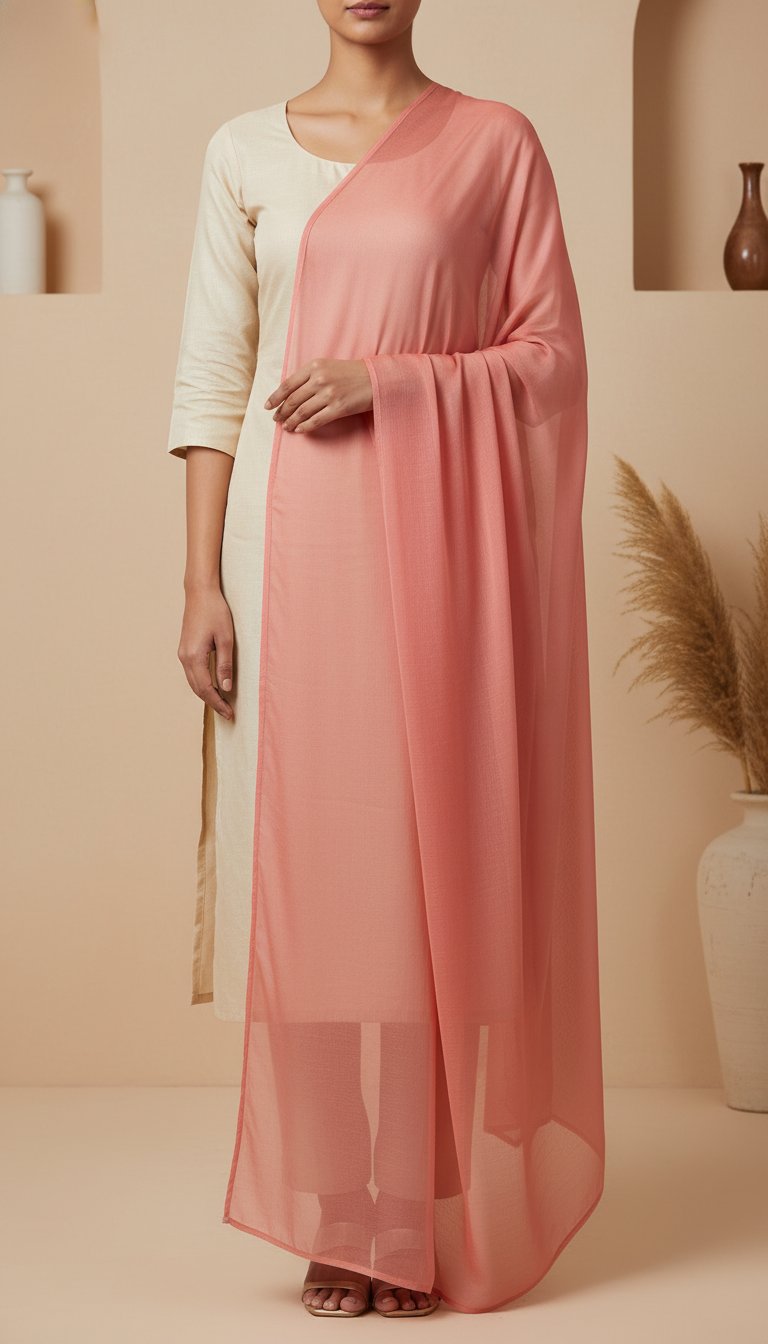 Woman wearing a pastel pink sheer chiffon dupatta draped over a cream kurta against a neutral backdrop