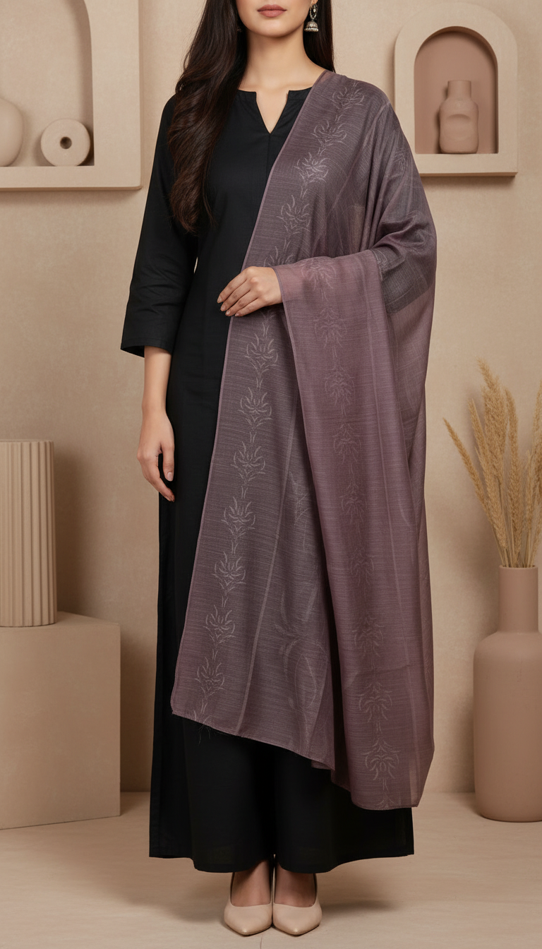 Woman wearing a muted mauve apple silk dupatta with floral jacquard pattern draped over a black outfit, showcasing elegant and modest style