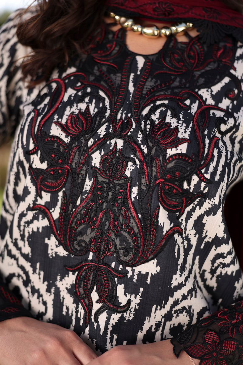 Peony Ivory & Black Printed Lawn Suit with Embroidered Chiffon Dupatta