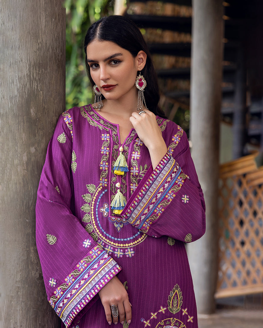 Close-up of model showing intricate embroidery on plum purple Karandi suit sleeves and neckline with tassel detailing.