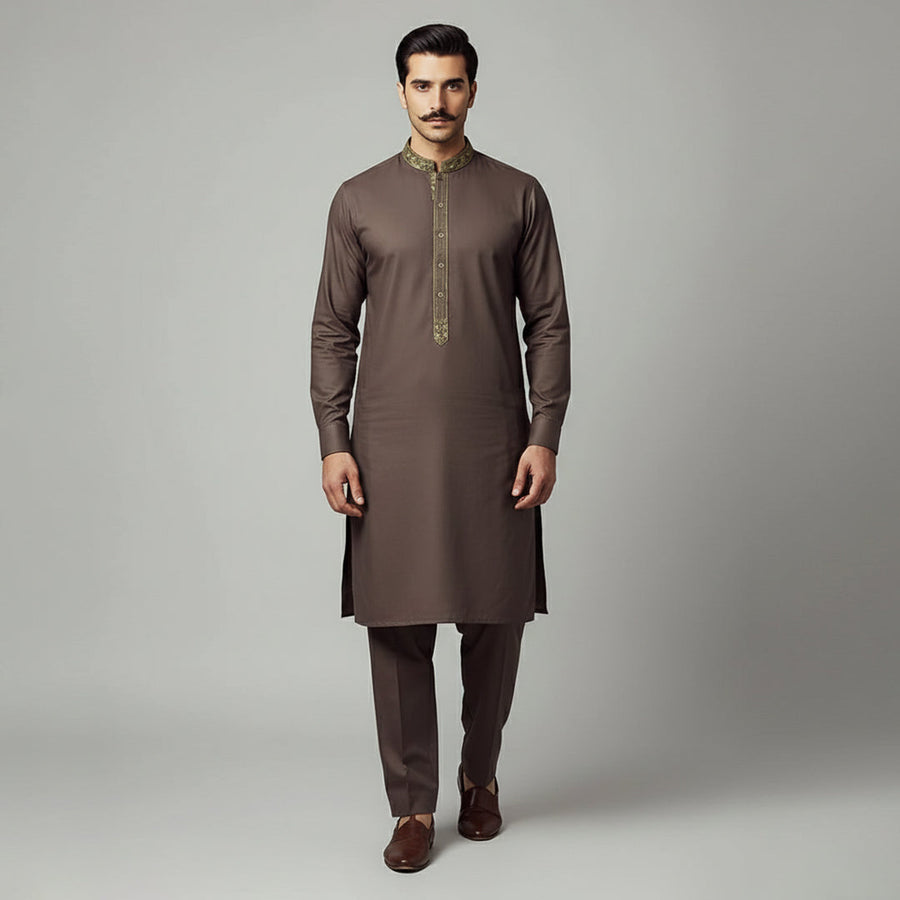 Poly Viscose Puce Slim Fit Embroidered Suit