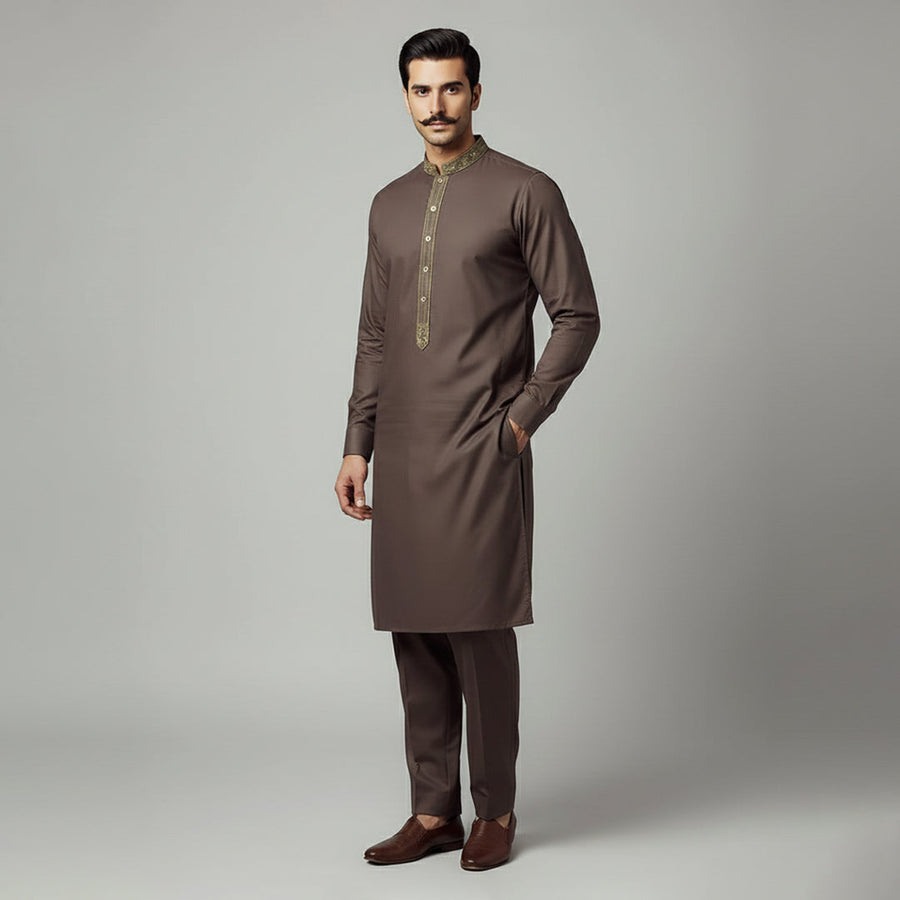 Poly Viscose Puce Slim Fit Embroidered Suit