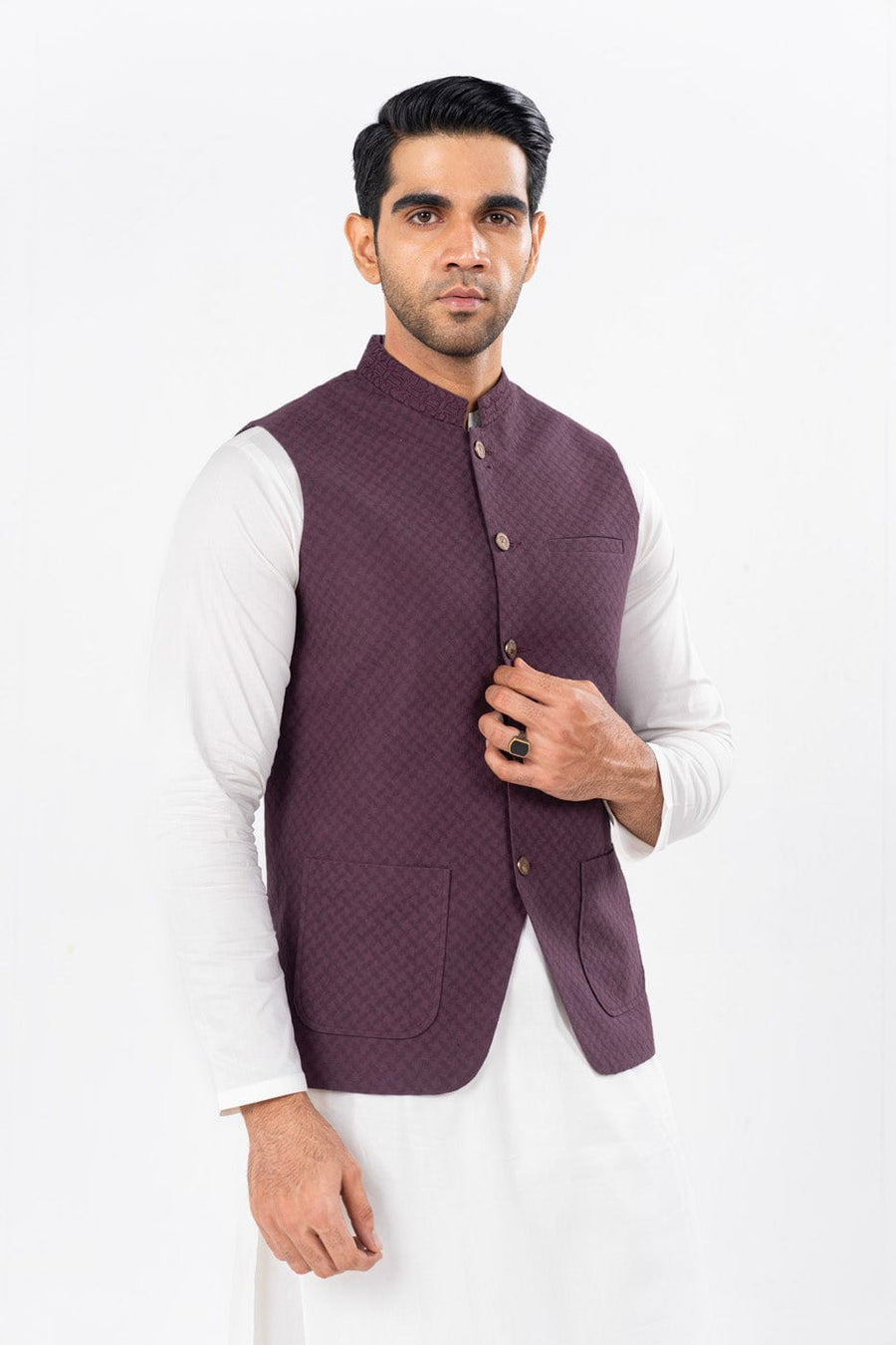 Plum Silk Jacquard 3-Piece Suit | Quilted Waistcoat