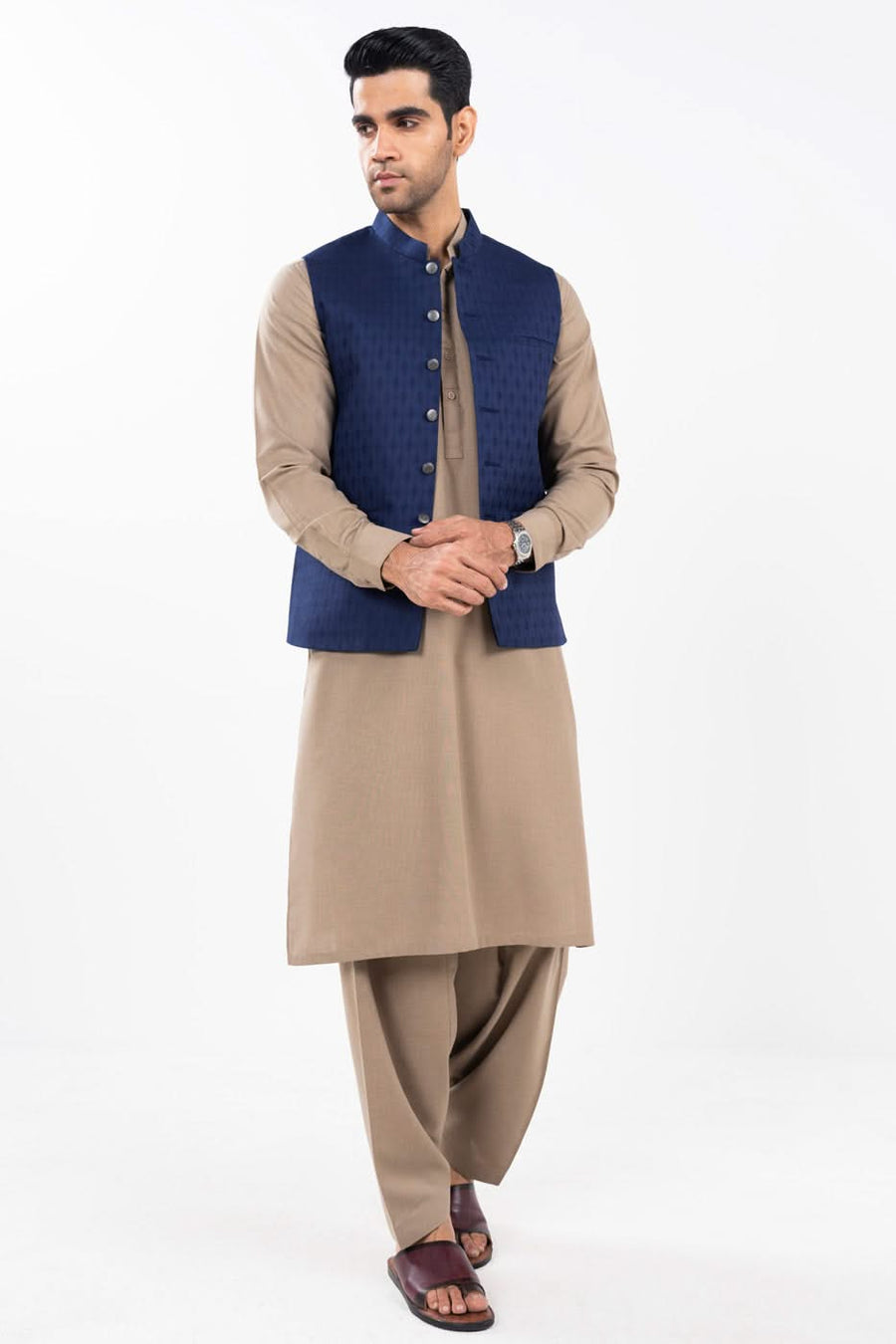 Midnight Navy Silk Jacquard 2-Piece Kurta Set | Band Collar Vest
