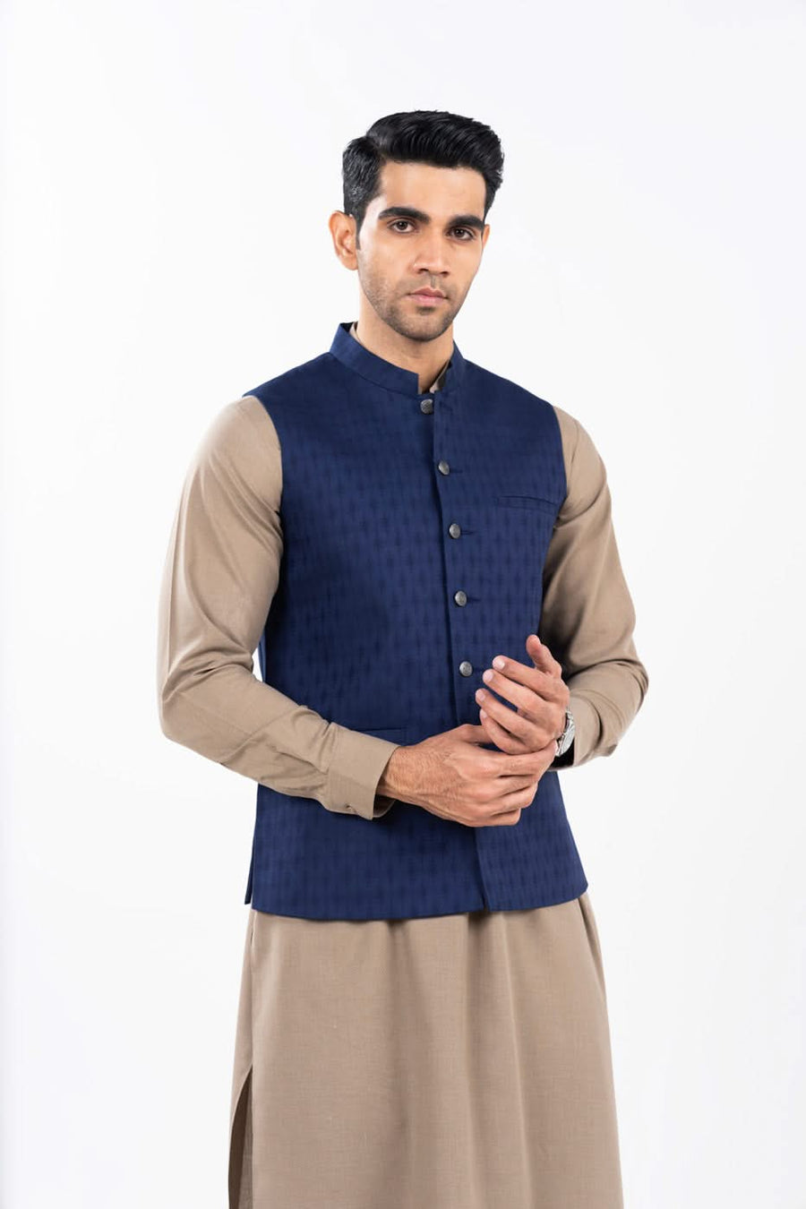 Midnight Navy Silk Jacquard 2-Piece Kurta Set | Band Collar Vest