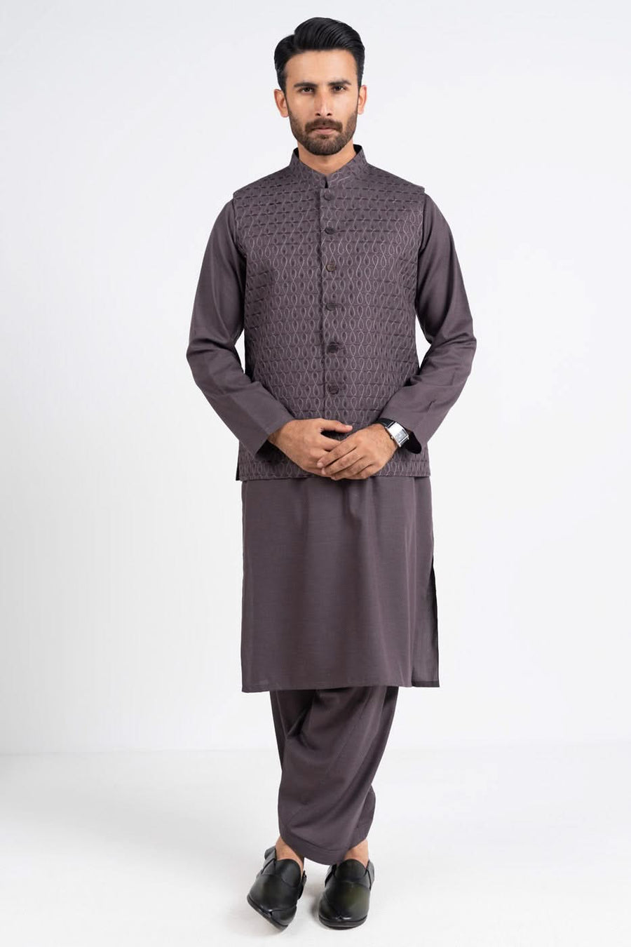 Slate Grey Jacquard 3-Piece Kurta Set | Woven Texture Waistcoat