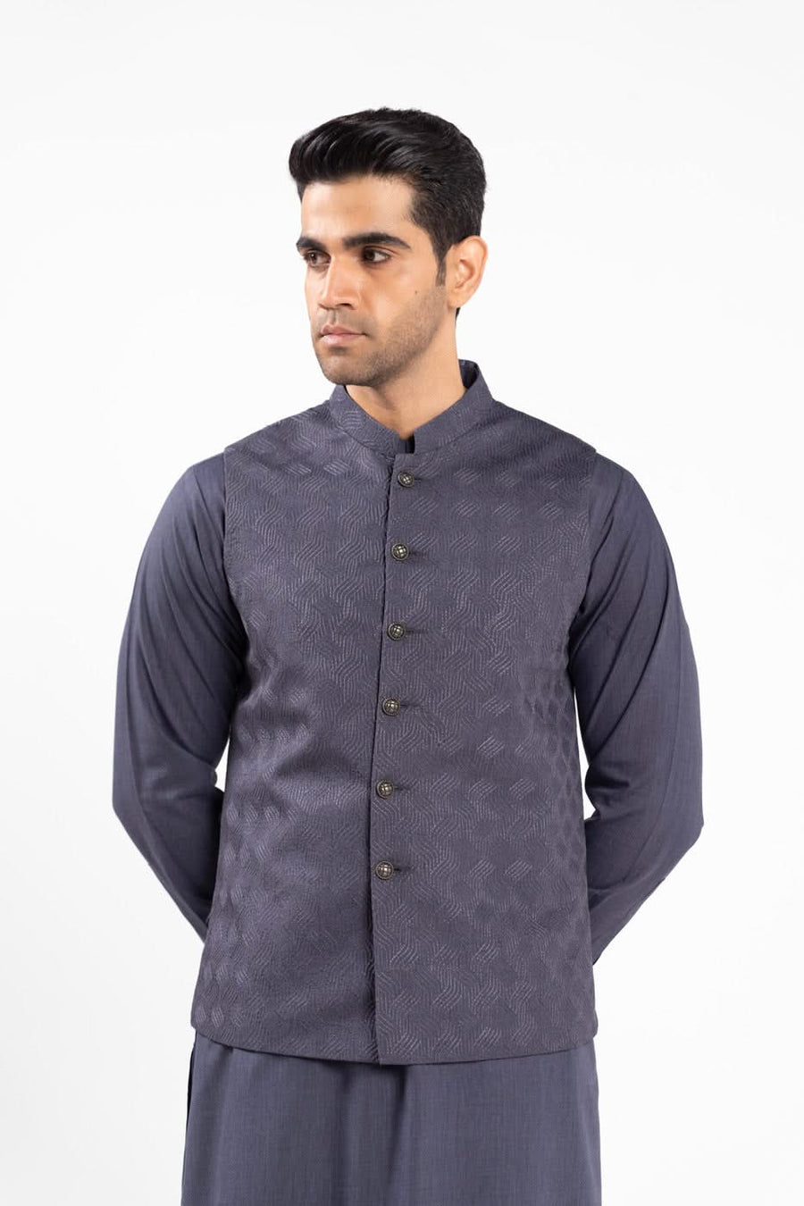 Slate Blue Wool-Blend 2-Piece Kurta | Band Collar