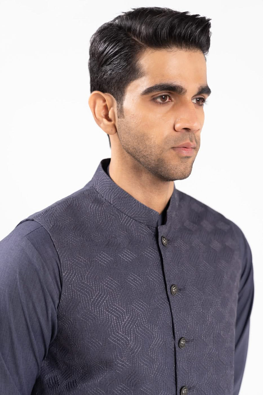 Slate Blue Wool-Blend 2-Piece Kurta | Band Collar