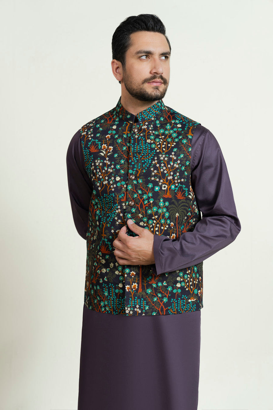 Teal Khaddar 3-Piece Suit | Floral Resham Embroidery Waistcoat