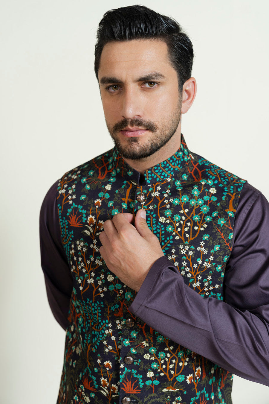 Teal Khaddar 3-Piece Suit | Floral Resham Embroidery Waistcoat