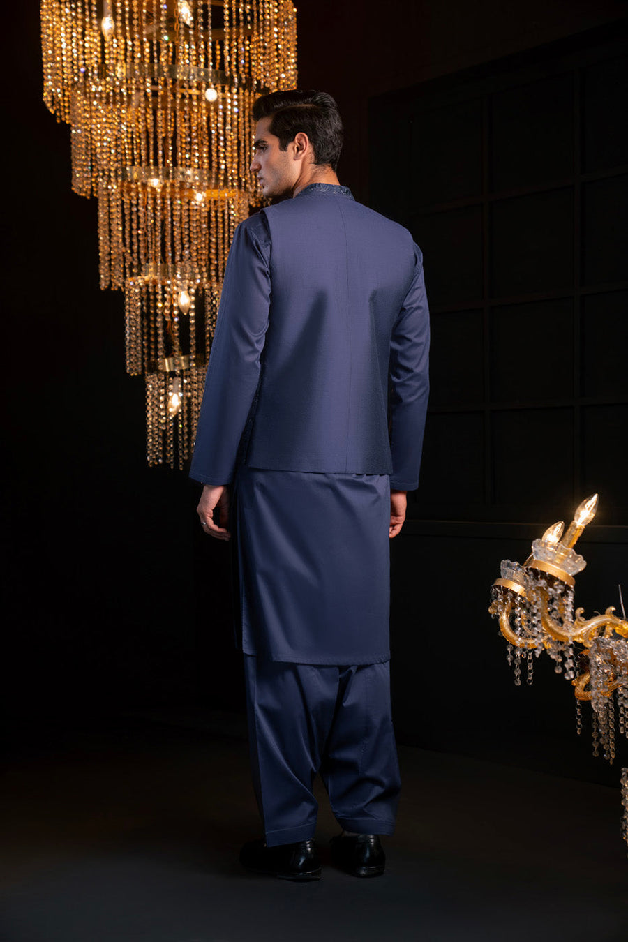 Slate Blue Raw Silk 3-Piece Kurta | Zardosi Band Collar