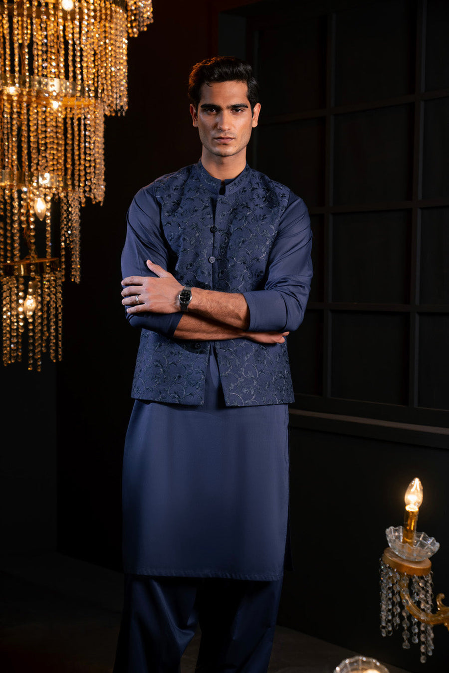 Slate Blue Raw Silk 3-Piece Kurta | Zardosi Band Collar