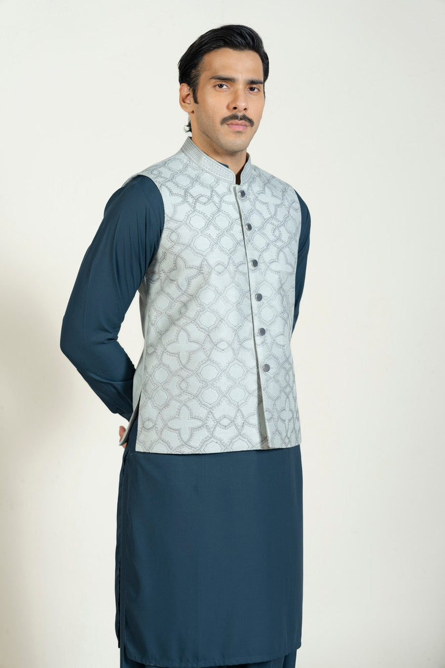 Sage Jacquard 3-Piece Kurta Set | Geometric Embroidered Waistcoat