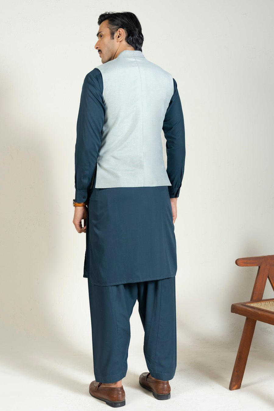 Sage Jacquard 3-Piece Kurta Set | Geometric Embroidered Waistcoat
