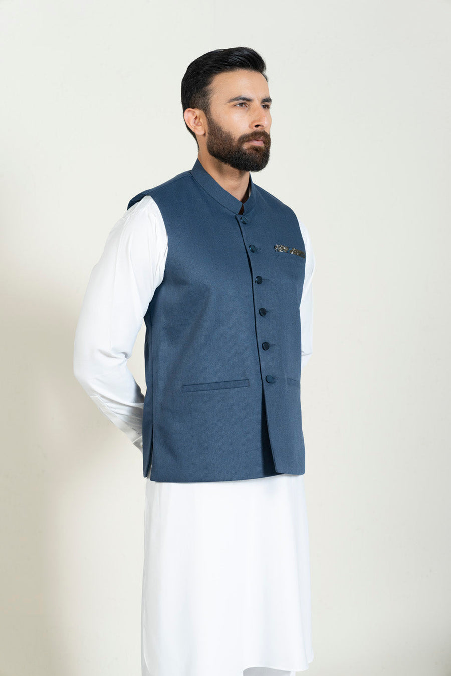 Slate Blue Silk-Wool 3-Piece Kurta Set | Tilla Embroidered Vest