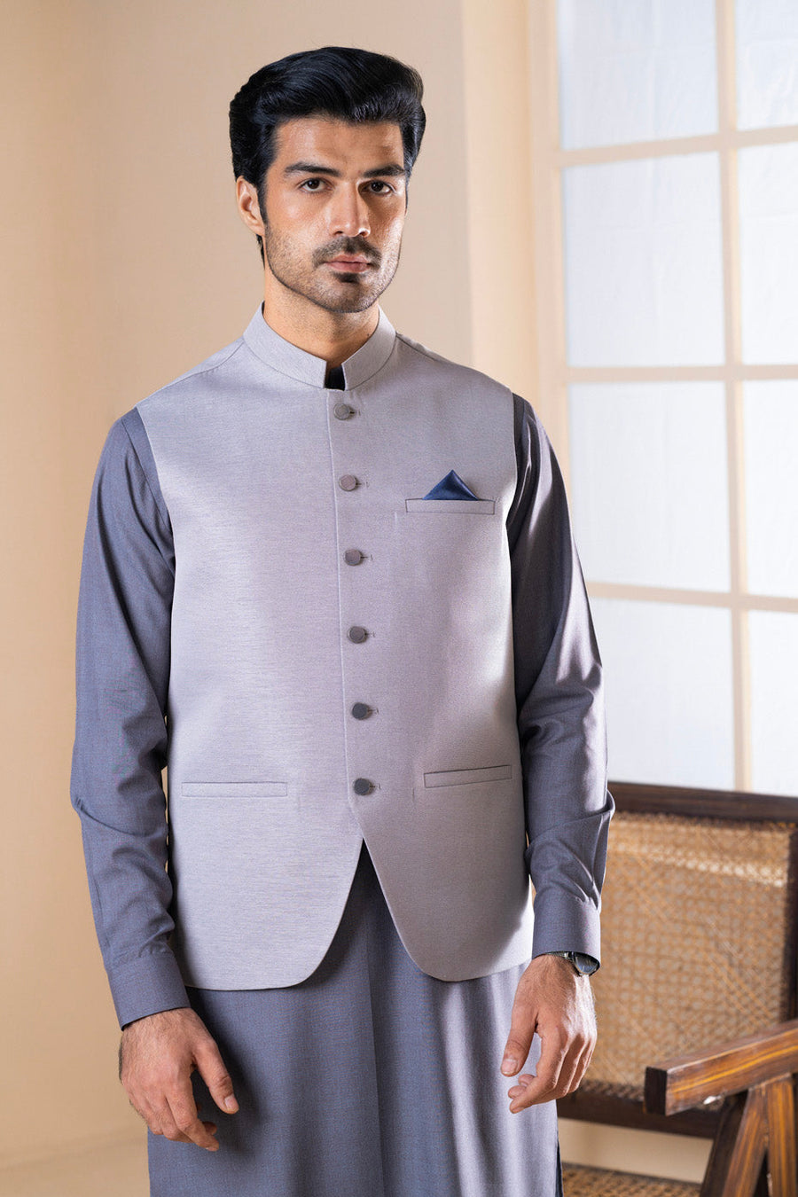 Slate Blue Merino Wool 3-Piece Suit | Band Collar Waistcoat