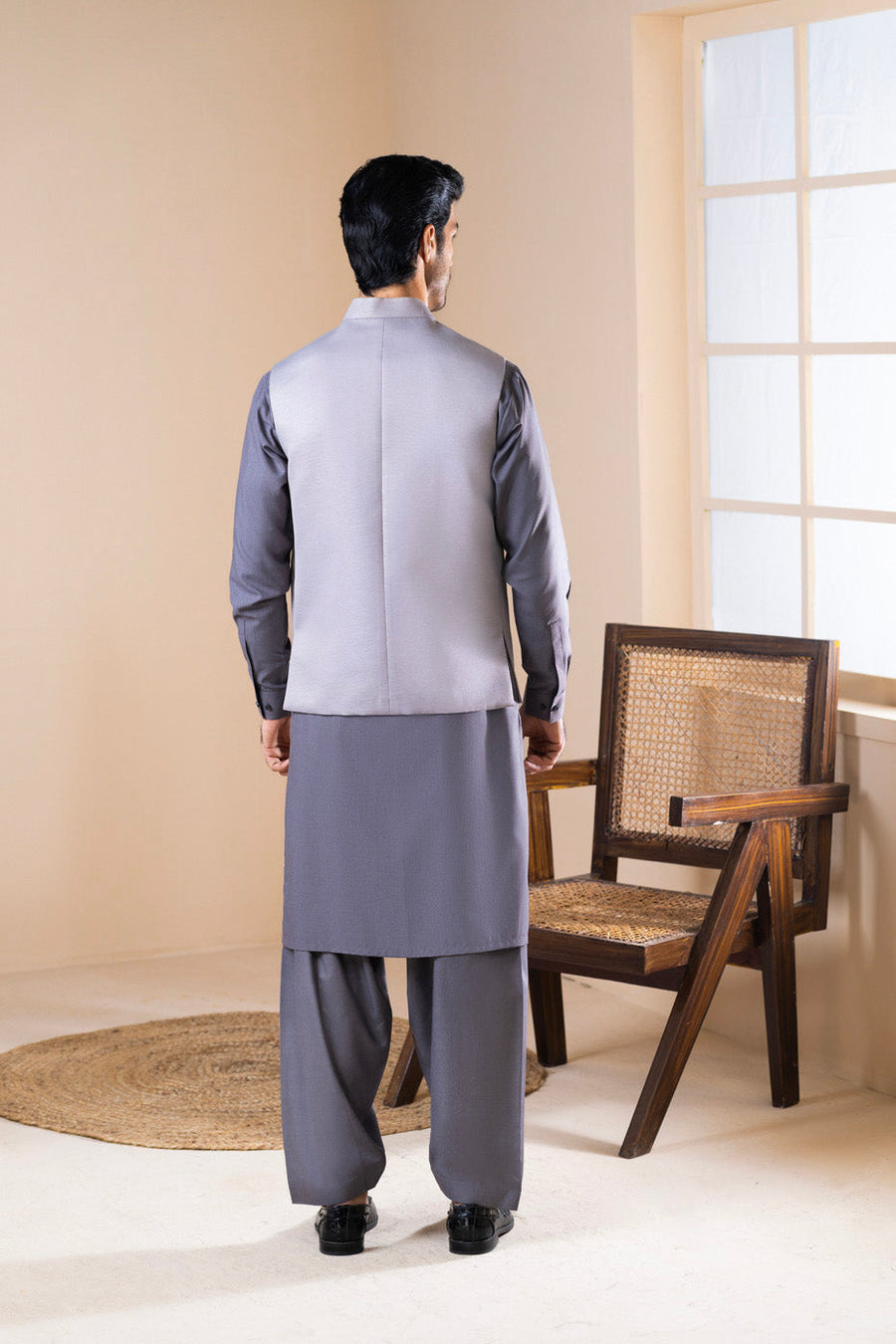 Slate Blue Merino Wool 3-Piece Suit | Band Collar Waistcoat