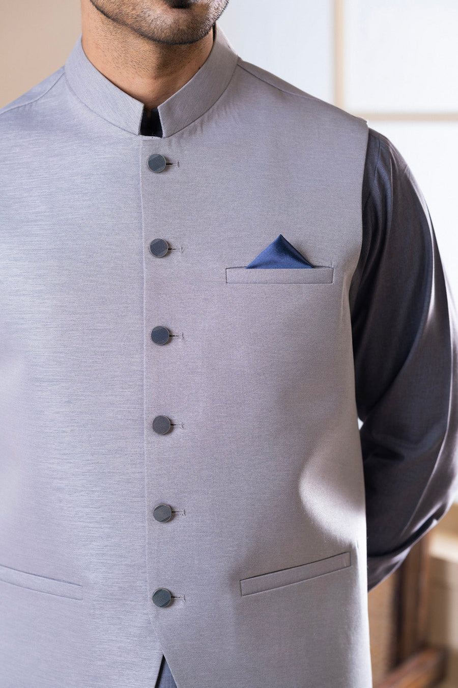 Slate Blue Merino Wool 3-Piece Suit | Band Collar Waistcoat