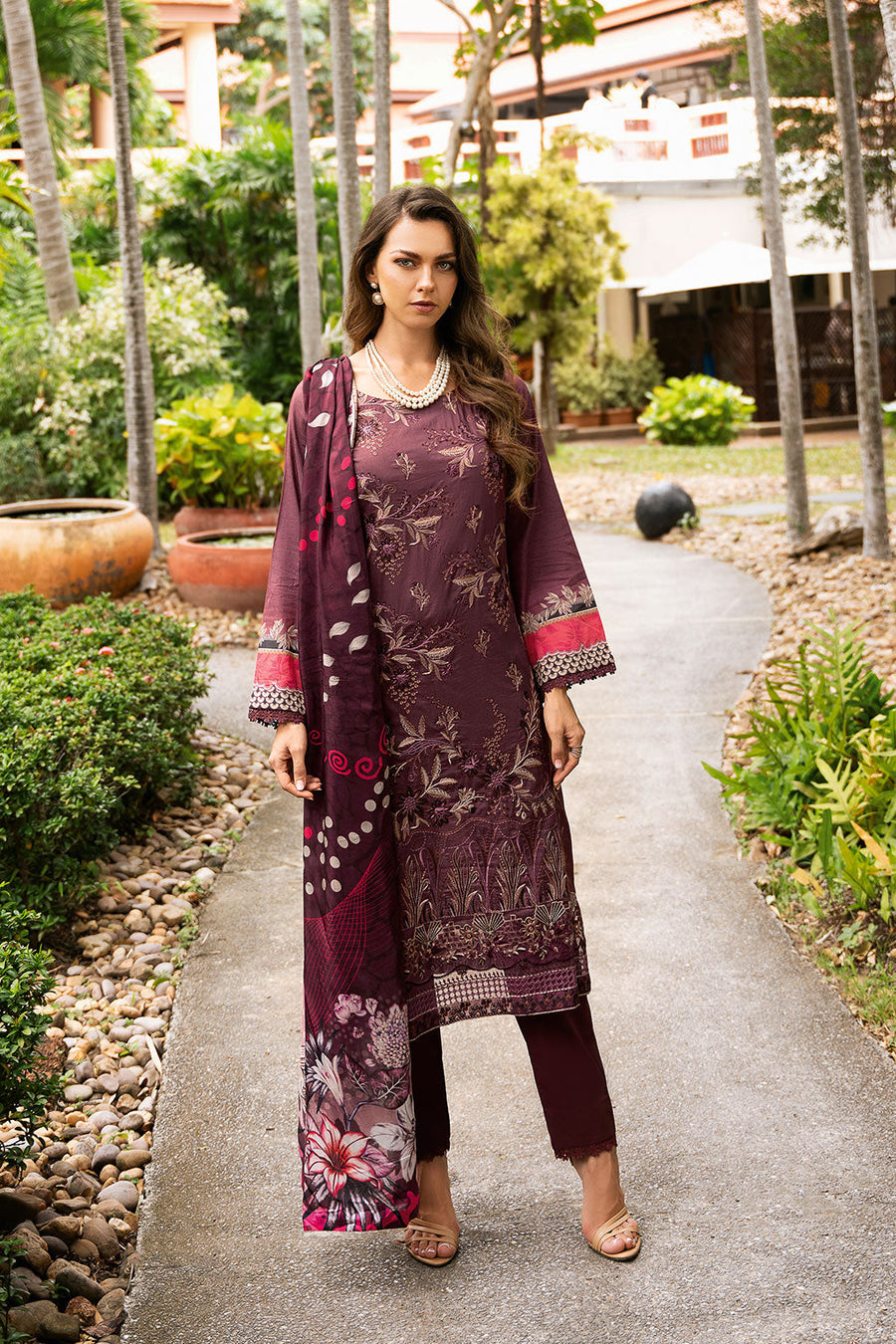 Rose Petal Embroidered Lawn 3-Piece Suit with Printed Silk Dupatta - Pehnaawaa