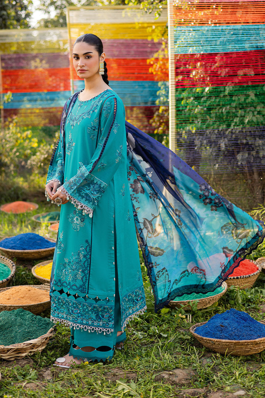 Turquoise Elegance Embroidered Lawn 3-Piece Suit with Digital Printed Silk Dupatta - Pehnaawaa