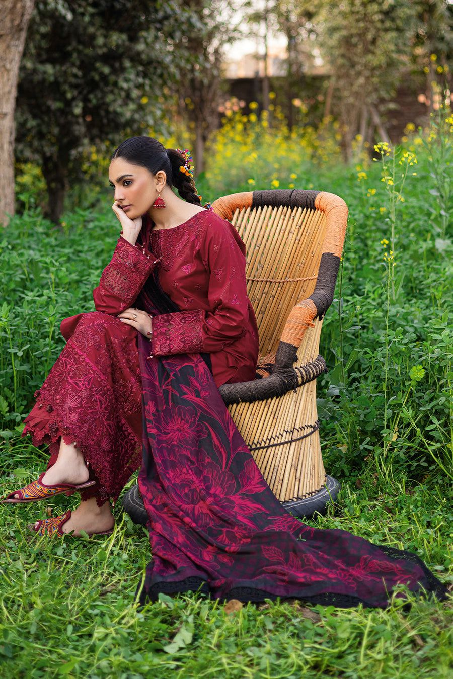 Crimson Royale Embroidered Lawn 3-Piece Suit with Digital Printed Silk Dupatta - Pehnaawaa