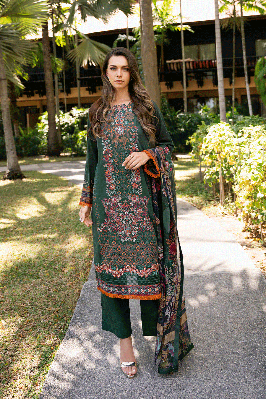 Emerald Heritage Embroidered Lawn 3-Piece Suit with Printed Chiffon Dupatta - Pehnaawaa