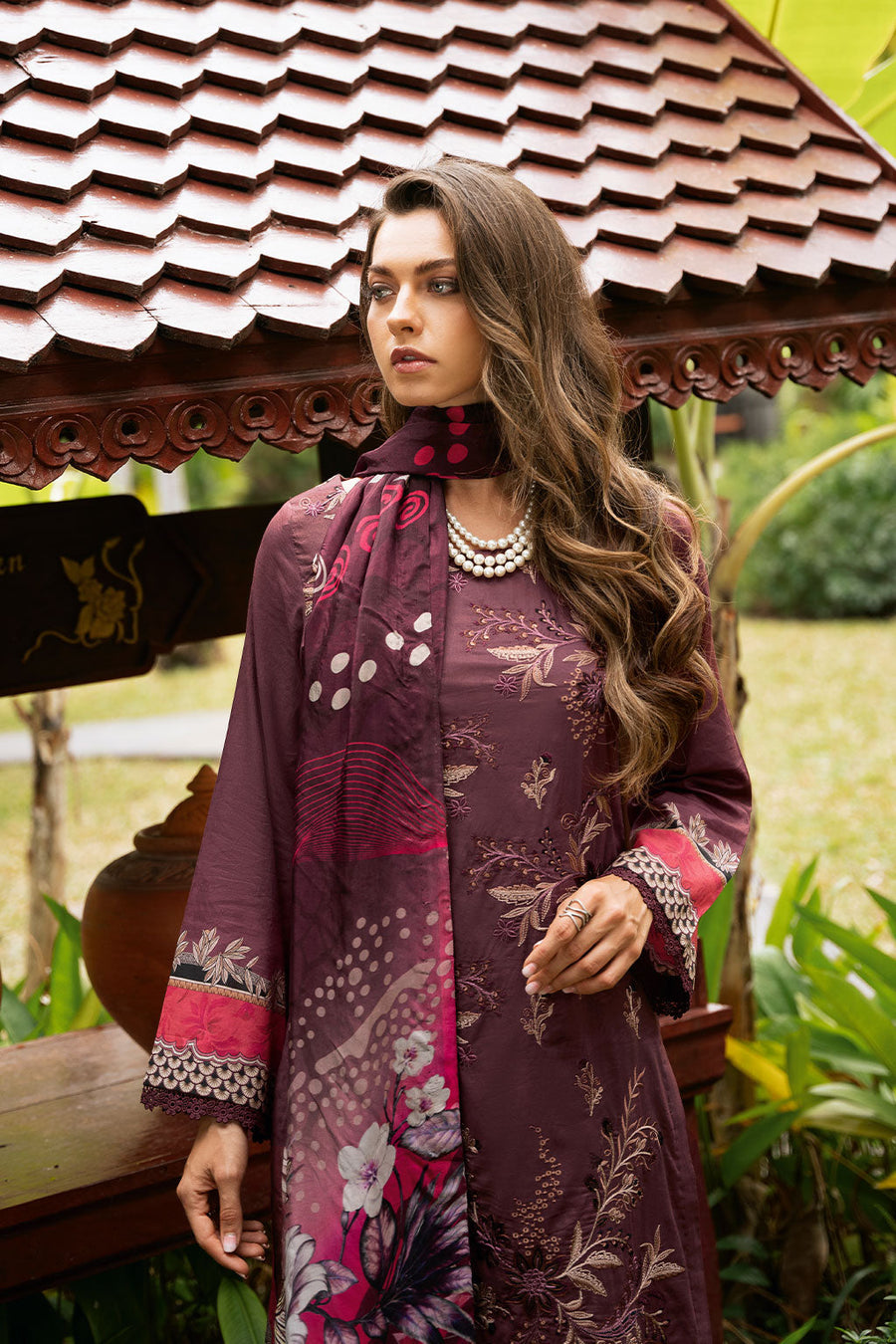 Rose Petal Embroidered Lawn 3-Piece Suit with Printed Silk Dupatta - Pehnaawaa