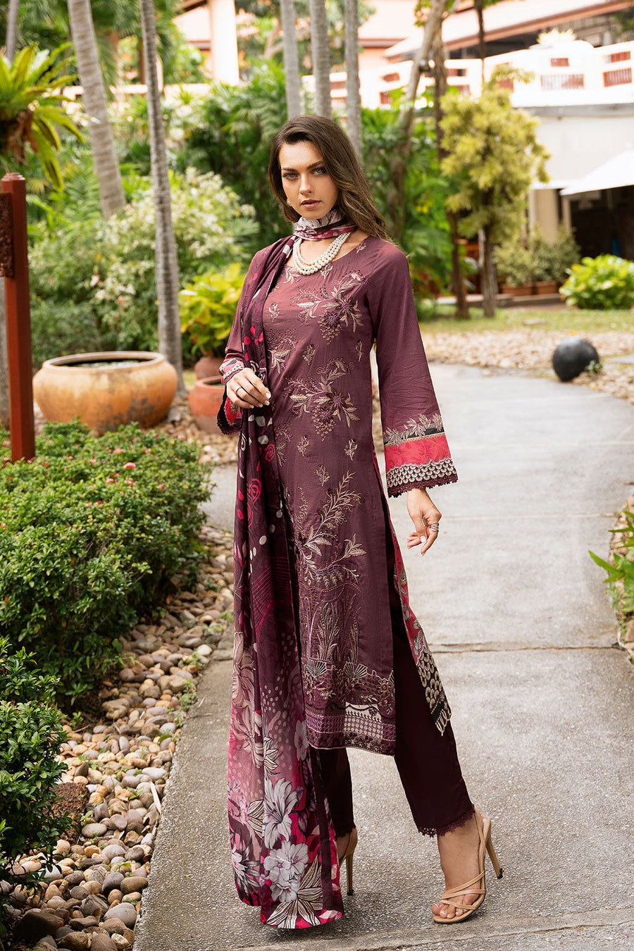 Rose Petal Embroidered Lawn 3-Piece Suit with Printed Silk Dupatta - Pehnaawaa