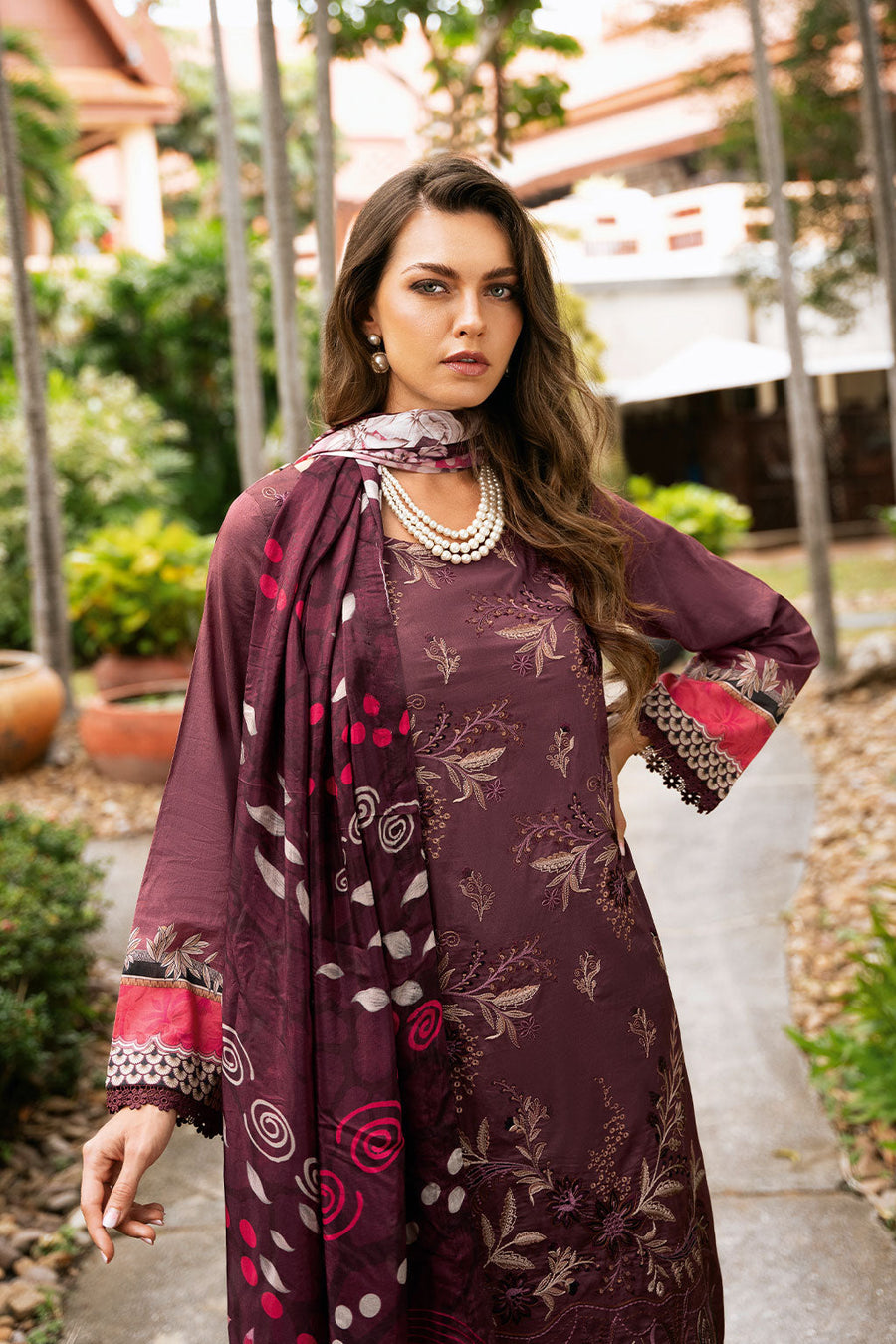 Rose Petal Embroidered Lawn 3-Piece Suit with Printed Silk Dupatta - Pehnaawaa