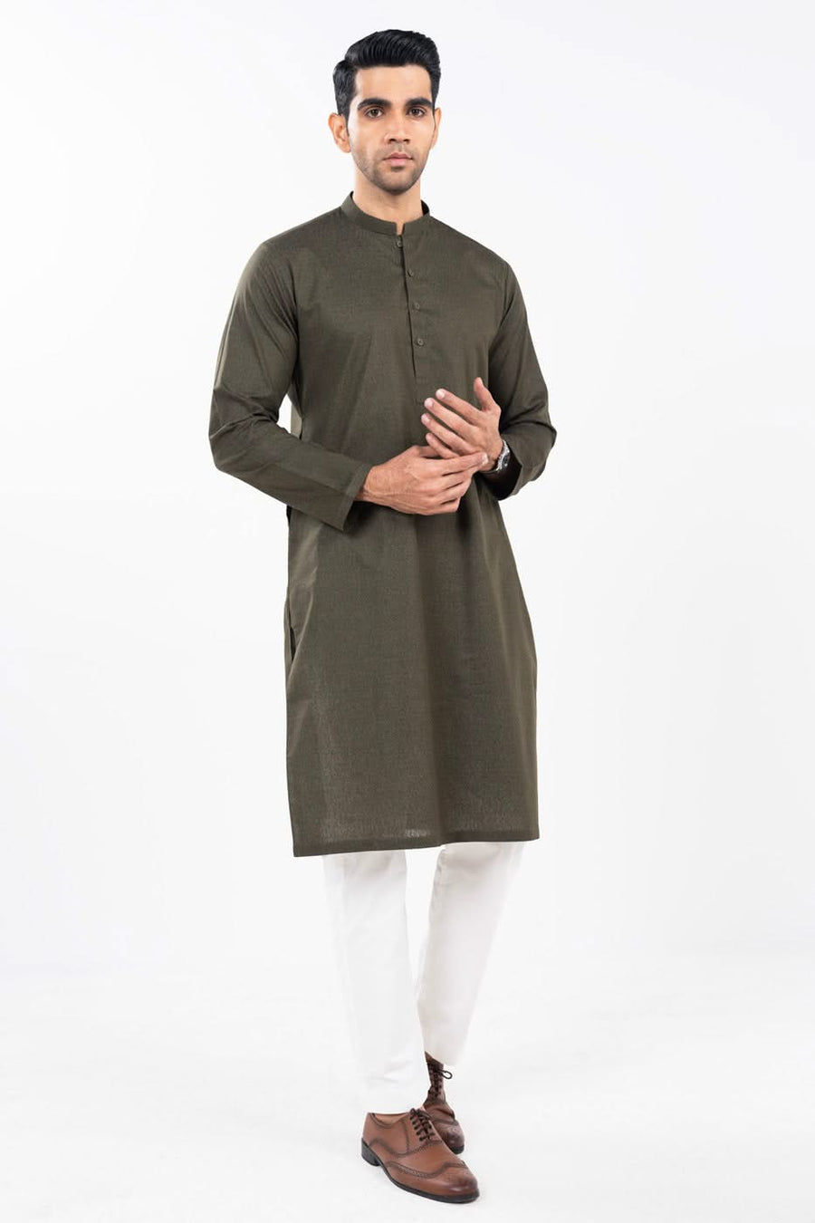 Sage Karandi 2-Piece Kurta | Band Collar Minimalist Cut