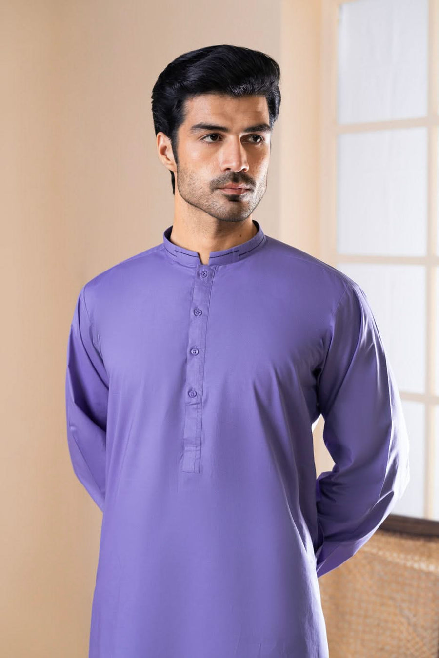 Periwinkle Cotton 2-Piece Kurta | Band Collar Slim Fit