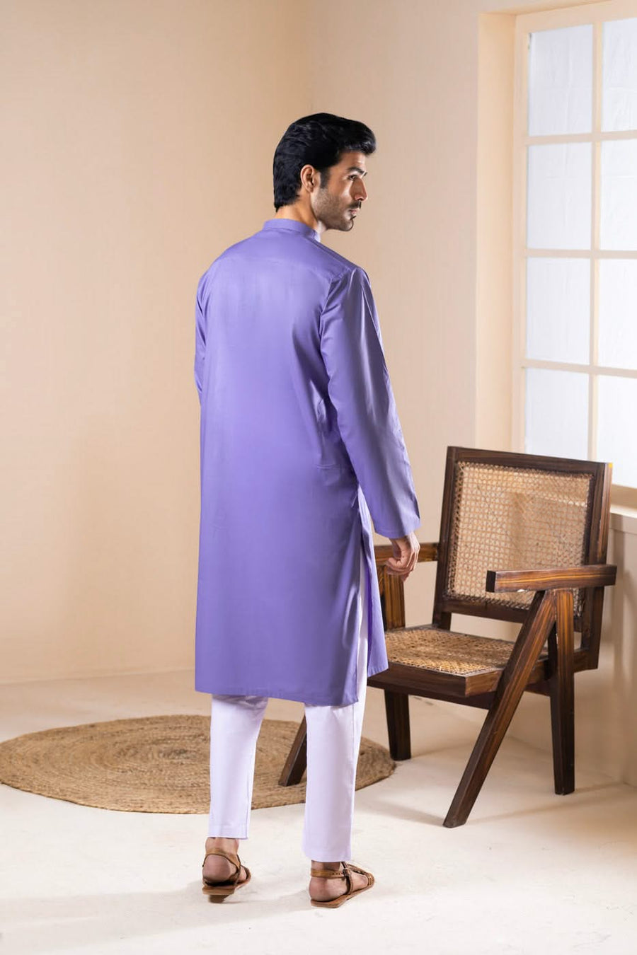 Periwinkle Cotton 2-Piece Kurta | Band Collar Slim Fit