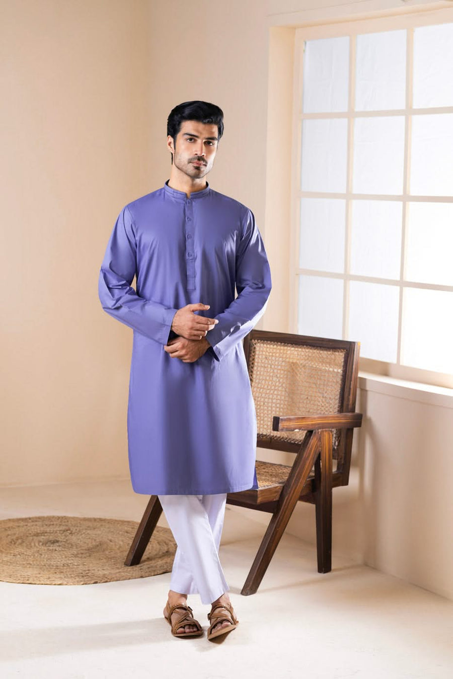 Periwinkle Cotton 2-Piece Kurta | Band Collar Slim Fit