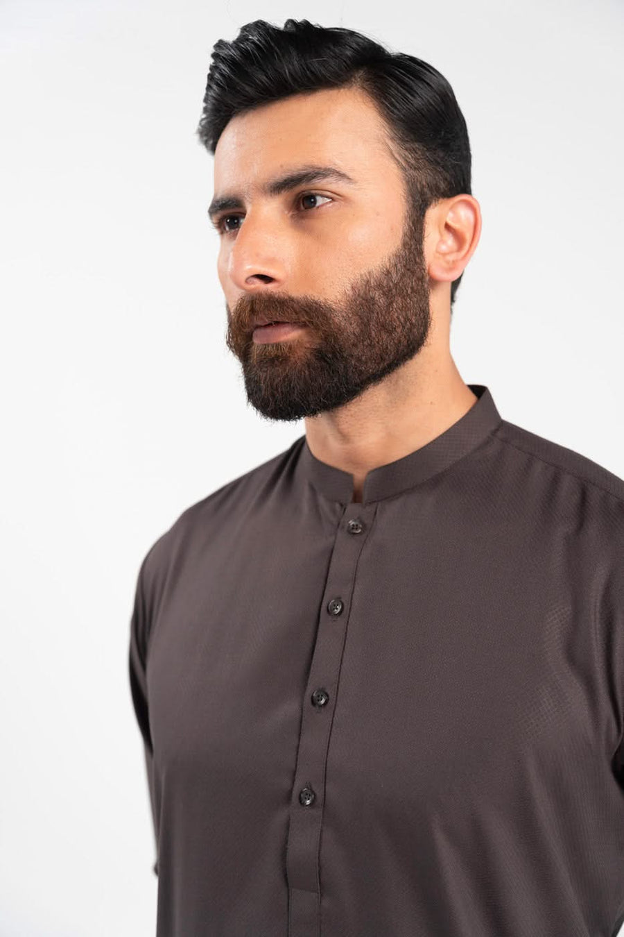 Chocolate Brown Silk Jacquard 2-Piece Kurta | Band Collar