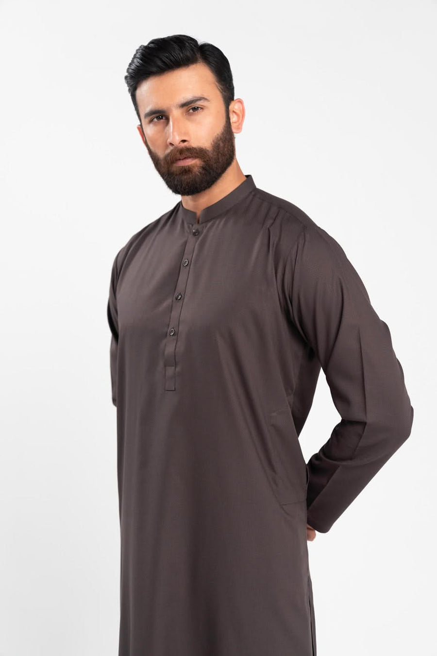 Chocolate Brown Silk Jacquard 2-Piece Kurta | Band Collar
