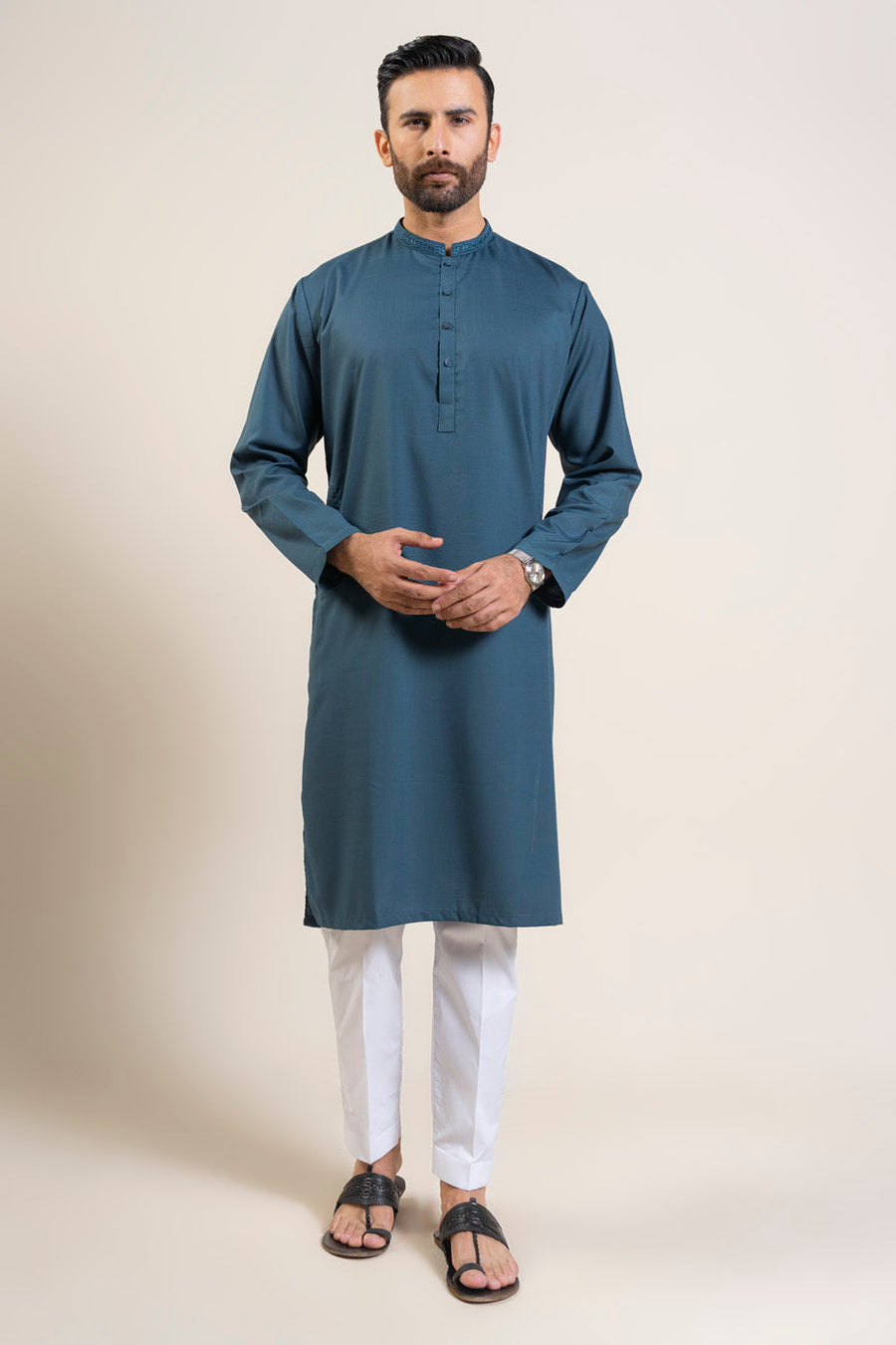 Slate Blue Silk Blend 2-Piece Kurta | Band Collar