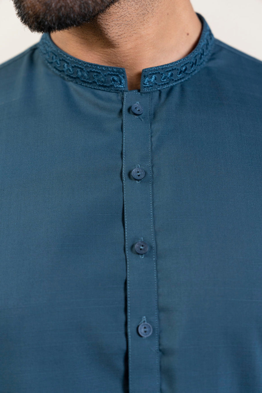 Slate Blue Silk Blend 2-Piece Kurta | Band Collar