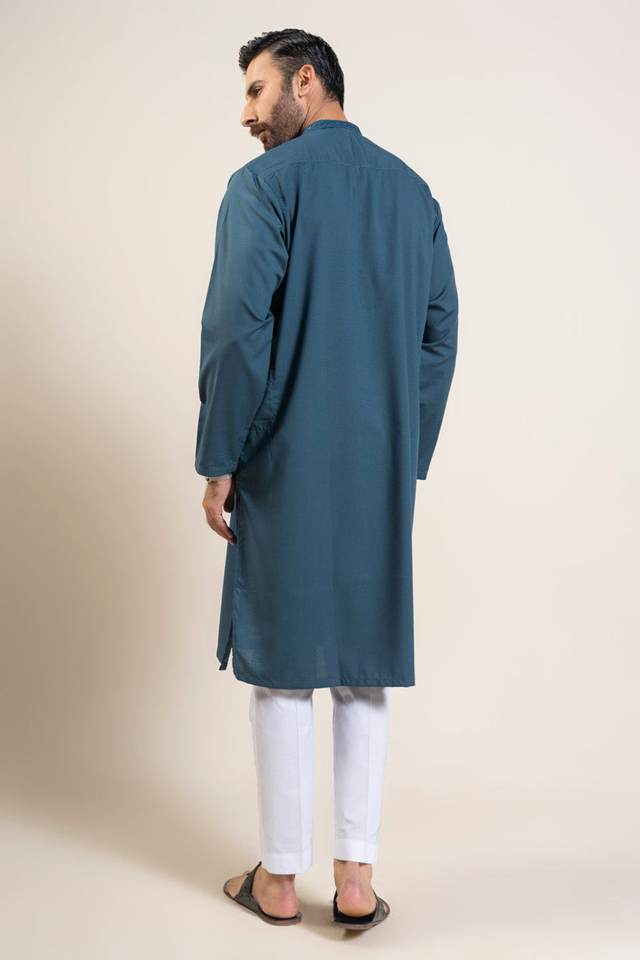 Slate Blue Silk Blend 2-Piece Kurta | Band Collar