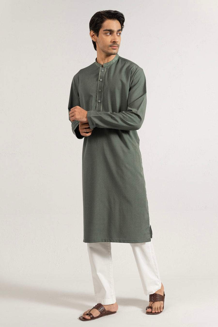 Sage Green Linen 2-Piece Kurta | Band Collar Minimalist
