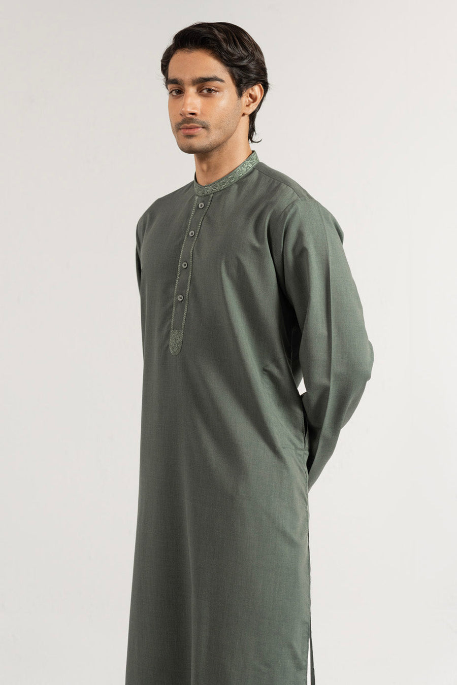 Sage Green Linen 2-Piece Kurta | Band Collar Slim Fit