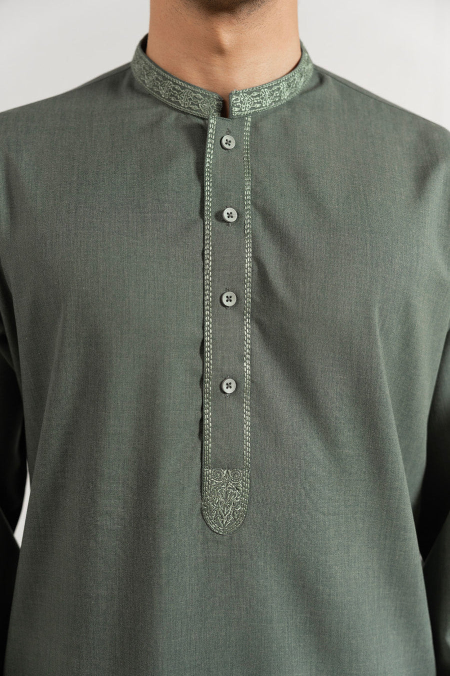 Sage Green Linen 2-Piece Kurta | Band Collar Minimalist